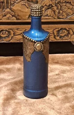 Buy Beautiful Upcycled Glass Bottle. Handcrafted Air Dry Clay Decor. Blue & Gold.  • 14£