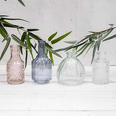 Buy Set 4 Vintage Ribbed Glass Bottles Small Bud Posy Vases Pink Lilac Green & Clear • 12.95£