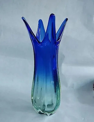 Buy Large Vintage Murano Uranium  Cobalt/Ice Blue Somerso  Art Glass Vase C1960's  • 30£