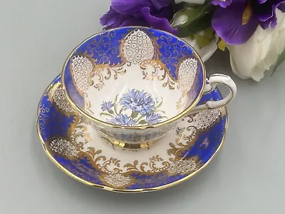 Buy Paragon England Vintage Cobalt Blue & Gold With Flowers Tea Cup And Saucer. • 59.99£