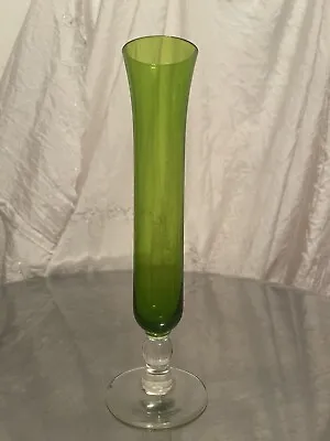 Buy Vintage Hand Blown Art Glass Green/Clear Pedestal Bud Vase￼ Emerald Etched • 12£