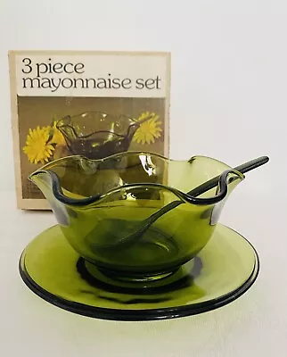 Buy Vintage Indiana Glass Mayonnaise Dip Serving Set Olive Green Mid Century 3 Piece • 9.56£