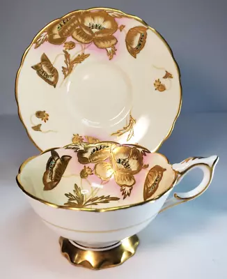 Buy Royal Stafford Teacup & Saucer Gold Gilt Poppy Flowers Pedestal Made In England • 96£