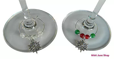 Buy Christmas Snowflake Wine Glass Charms ~ Crackle Beads ~ Choose Colour • 1.75£