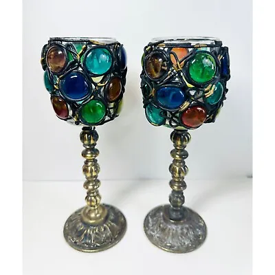 Buy Vintage Pair Of Jeweled Colored Glass Metal Votive Tealight Holders • 37.90£