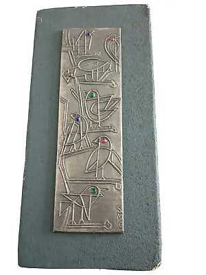 Buy Rare Vintage Retro Modernist Jewelled Pewter Glass Eyed Bird Plaque Initialled  • 24.99£