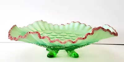 Buy Rare Vintage 4 Footed Jefferson Glass Green Ruffled Dish Cranberry Frit • 27.63£