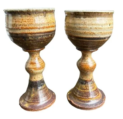 Buy VTG Studio Art Pottery Hand Made Wine Goblet Glasses Set Of 2 Brown Tan Glazed • 33.57£