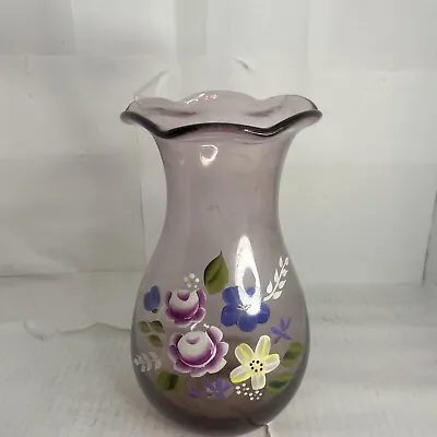 Buy Design By Fenton Teleflora Purple Glass Vase Hand Painted Ruffle Top China • 14.39£