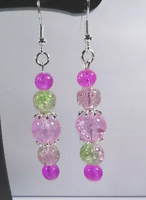 Buy Pink And Green Crackle Glass Bead Earrings • 2.70£