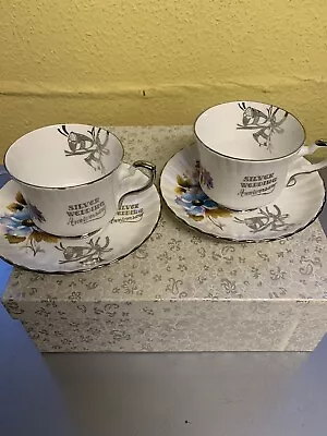 Buy Pair Royal Stafford Bone China Silver Wedding Anniversary Tea Cup And Saucer Set • 15£