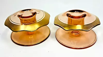 Buy Set Of Two (2)  Pink Depression Glass Candle Holders With Gold Accents 4  By 2.2 • 21.21£