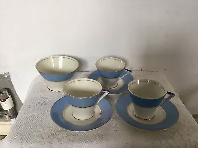 Buy 3 X Palissy Art Deco Cups Saucers Blue & White Gold Rim & Matching Sugar Bowl • 14.99£
