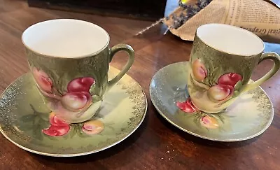 Buy Antique Tea Cup & Saucer Set 2 Hand Painted Peach Blossom Plum Green Gold China • 23.72£