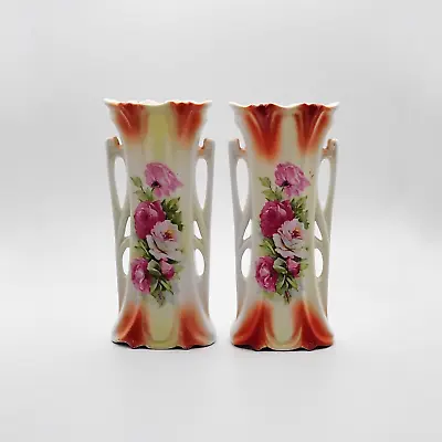 Buy Vintage Pair Of Porcelain Mantle Vases Decorative Roses Handles 18cm • 14.99£