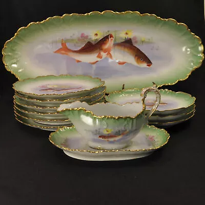 Buy Limoges Fish Set KB Imperial 12 Piece Platter Plates Gravy Boat 1887 HandPainted • 1,705£