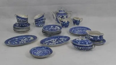 Buy Antique Child Dish Set Teapot Sugar Cream Cup Saucer Plates 29 Pcs Blue Willow  • 122.19£