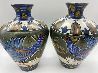 Buy Pair Arts And Crafts Nouveau Gouda Stylised Peacock PZH Liberty Co Pottery Vases • 115£