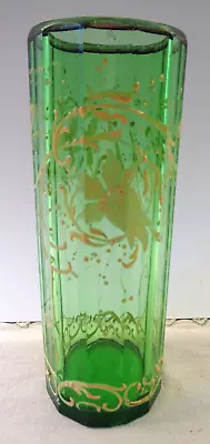 Buy Antique Paneled Green Radium Glass Hand Painted Gold Enamel DÉcor Cylindric Vase • 28.34£