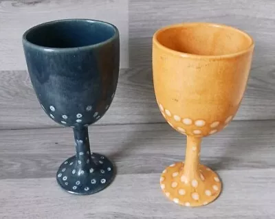 Buy Studio Pottery Ceramic Goblets Blue / Brown 18cm Tall • 14.95£