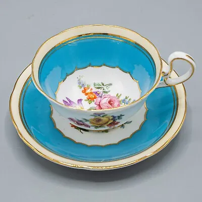 Buy Aynsley England B3105 Cabbage Rose Flower Teal Blue Tea Cup & Saucer Gold Rim • 53.08£