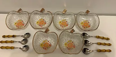 Buy 6 Vintage Italian Bark Glass Dessert Apple Shaped Bowls Gold Edged & Spoons • 25£