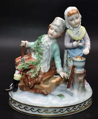 Buy Antique 19thC Carl Thieme German Porcelain Boy Girl Winter Figure After Meissen • 0.99£