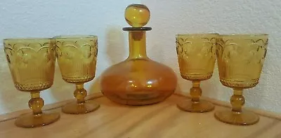 Buy Amber Captains Ship Decanter And 4 Amber Goblets Starburst And Thumbprints • 39.69£