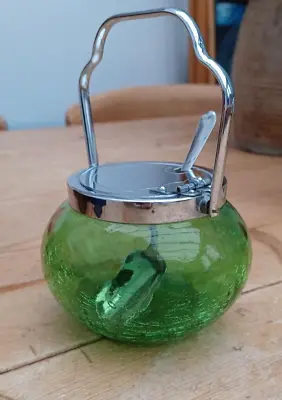 Buy Vintage Crackled Green Glass Sugar Bowl MFG.Co And Silver Plated Spoon Sheffield • 15.99£