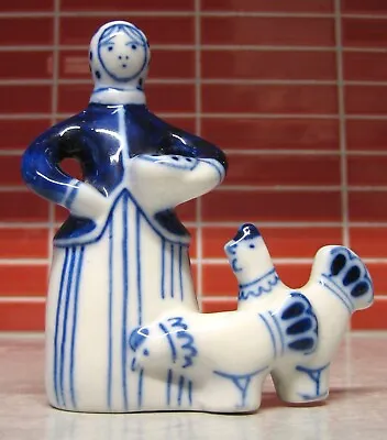 Buy Vintage USSR Gzhel-Style Blue & White Porcelain Figure - Woman Feeding Chickens • 15£