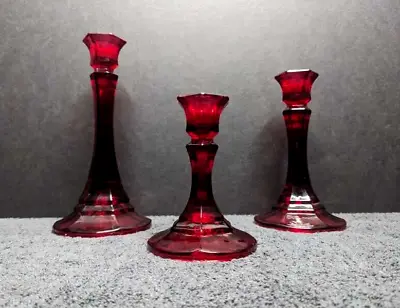 Buy Set Of 3 Vintage Indiana Glass Ruby Red Flash Glass Taper Candlesticks Holders • 47.37£