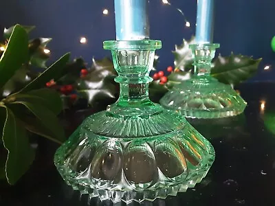 Buy Pair Of Vintage Green Glass Candle Holders • 10£