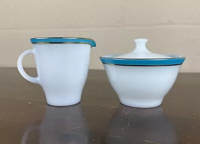 Buy Vintage Pyrex Turquoise Trim Cream And Sugar Set Gold Accents Great Condition • 34.14£