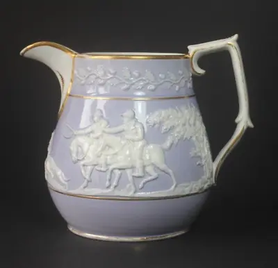 Buy Large Antique DAVENPORT JUG  Lavender Sprigged Hunting Scenes  C1815-1825 • 49£