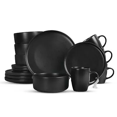 Buy 16 Piece Stoneware Dinnerware Set Kitchen Dining Set Mugs Bowls Plates, Black • 47.99£