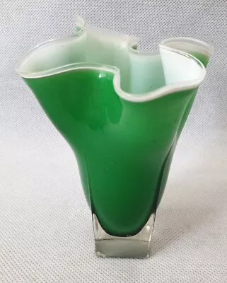 Buy Vintage MCM Art Glass Green Ruffled Vase With Square Base 6  High 1960s 1970s • 22.99£