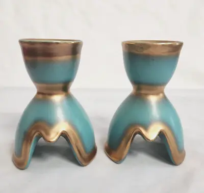 Buy Keramos Art Deco Teal Gold Candle Holders Space Age Atomic Wien Austria Pottery • 94.86£