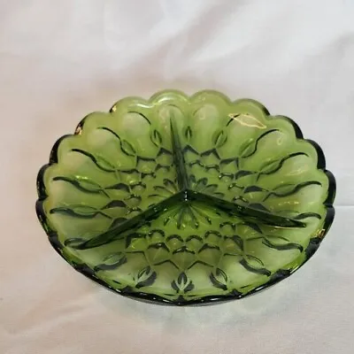 Buy Indiana Avocado Green Glass Serving Dish 3 Way Divided Plate Scalloped Edge   • 7.57£