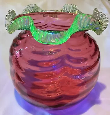 Buy Antique Victorian Ripple Shape Cranberry Glass Bowl With Vaseline Frill • 15£