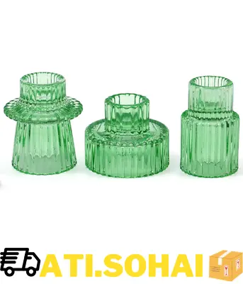 Buy 3 Piece Glass Candle Holder, Green Vintage Candlestick Holders For And Candle By • 17.73£