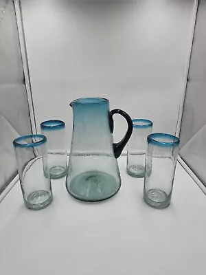 Buy Cobalt Blue Rim Mexican Hand Blown Bubble Glass Set Of 4 Cups Plus Pitcher • 47.24£