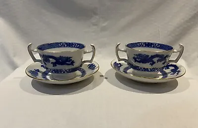 Buy Early 20th C Cauldon Pr Chocolate Double Handle Blue & White Dragon Cups & Scrs. • 18.50£