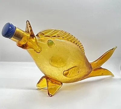 Buy Vintage Hand Blown MCM Murano Crackle Art Glass Amber Fish Decanter Vase Bottle • 52.34£