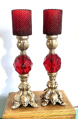Buy Vintage  Gold  Candlesticks Candle Votive Holders Goth Victorian Style Red Glass • 26.46£