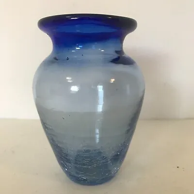 Buy Blenko Hand Blown Crackle Glass Vase Cobalt And Light Blue 5-1/2  Tall Shiny • 28.59£