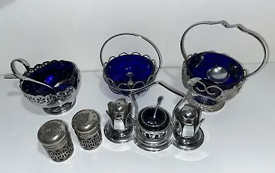 Buy Vintage Cobalt Blue Glass Metal Framed Condiments Sets, Bowls And Jug • 25£
