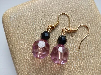 Buy Vintage Beautiful Faceted Pink Acrylic &french Jet Glass*re-pinned Bead Earrings • 1.95£