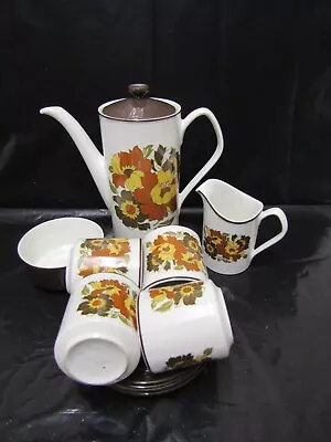 Buy Vintage Retro Coffee Pot Johnson Bros Blrown Floral Coffee Set 4 Cups & Saucers • 12.99£