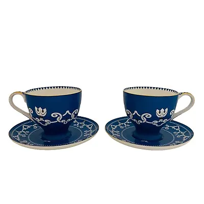 Buy T2 Tea Cup & Saucer X2  Blue White Gold Bird Portugal Bird Pair Fine Bone China • 26.49£
