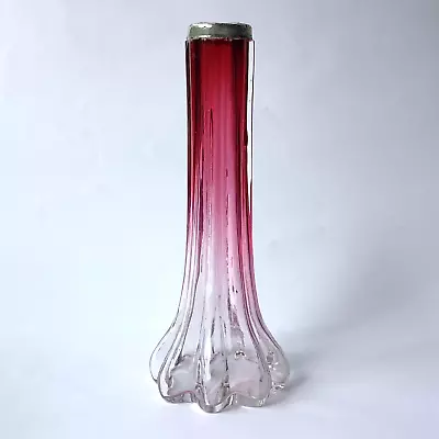 Buy Antique Cranberry To Clear Glass Vase Sterling Silver Collar Art Nouveau C1900 • 20£